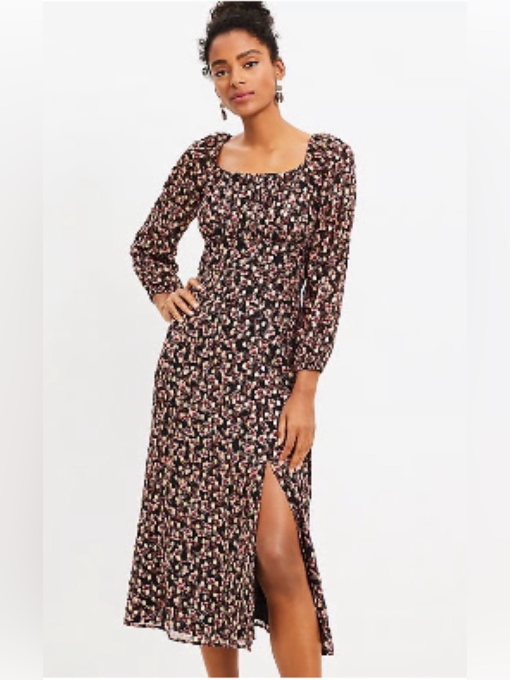 LOFT Black and Gold Floral Square-Neck Midi Dress with Side Slit